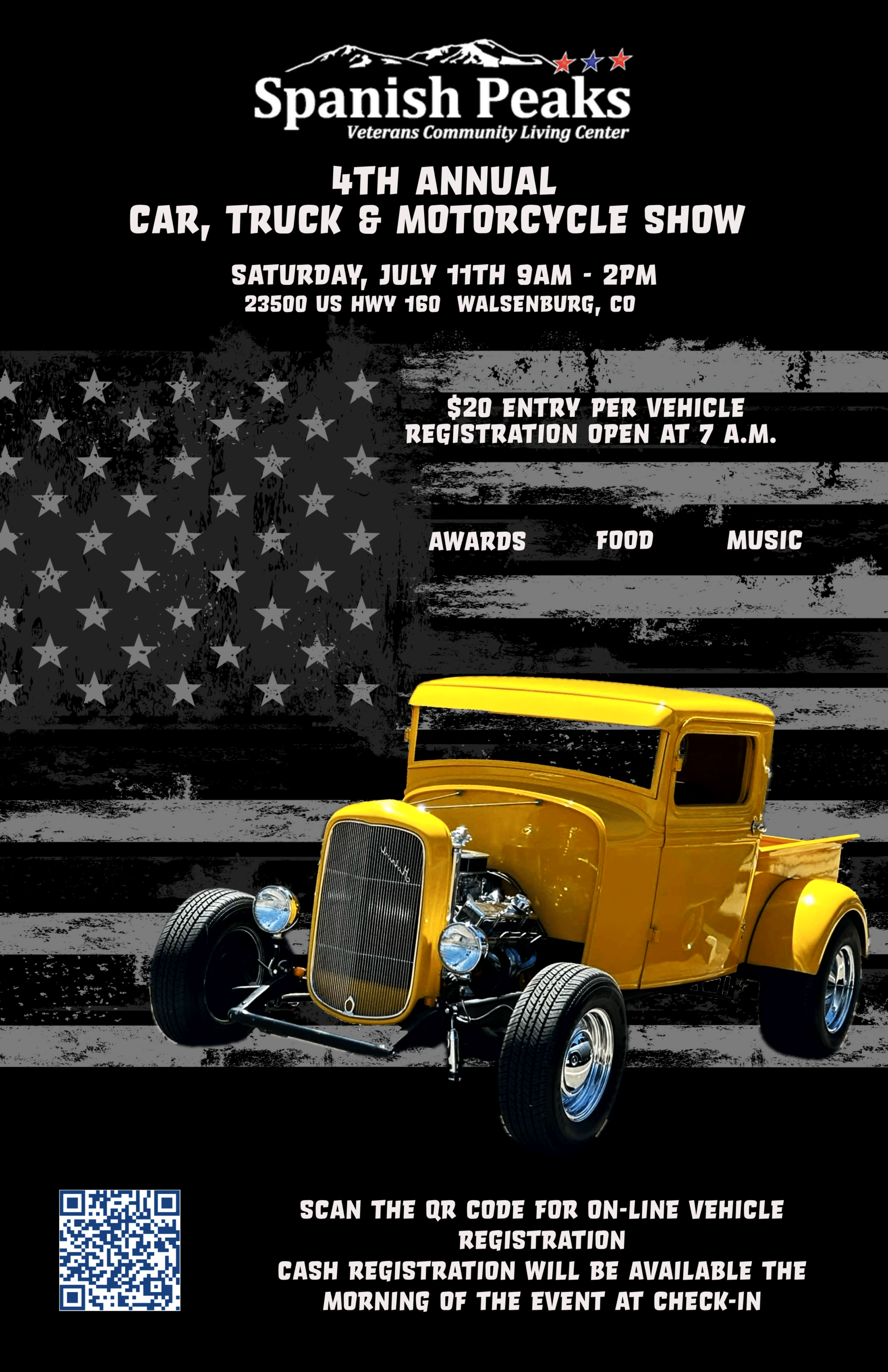 Flyer for the 4th Annual Car, Truck and Motorcycle Show at Spanish Peaks Veterans Community Living Center on Saturday, July 11, 2026