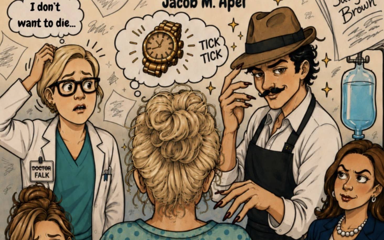 Illustrated artwork for Causa Mortis showing a worried doctor, a mustached man in a fedora, and a thought bubble with a ticking watch